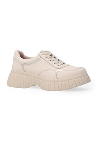 Beige Schnürsneaker mit einem schlanken Design, gepolstertem Kragen und einer klobigen gerippten Sohle für zusätzliche Höhe. Mit dezenten metallischen Akzenten.