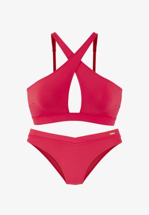 Set bikini rosa composto da un top incrociato sul retro con dettaglio a taglio e coordinati slip a vita bassa. Realizzato in tessuto liscio e elastico di colore uniforme.