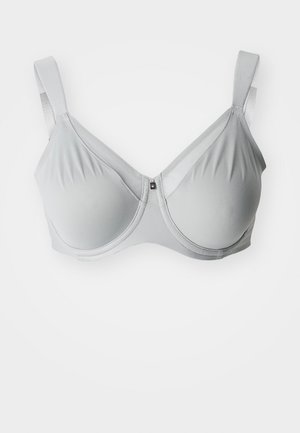 Gray underwire bra with smooth fabric, adjustable straps, and a hook closure. Features a subtle sheen and rounded cups with dart details.