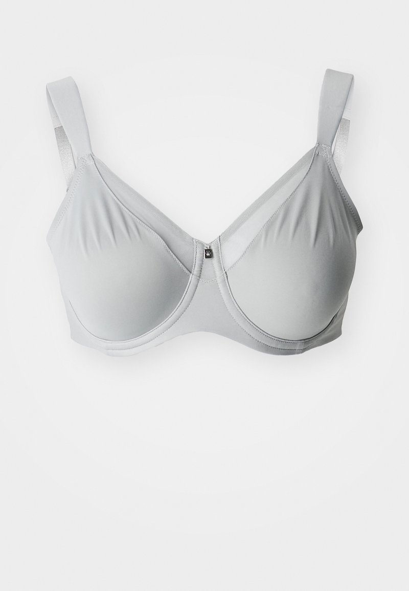 Grå bh med underwire, laget av glatt stoff, justerbare stropper og krok-lukking. Har en subtil glans og avrundede kopper med dart-detaljer.