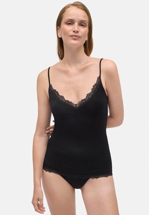 Camiseta sin mangas negra con encaje en el escote y el dobladillo. Presenta tirantes finos, una forma ajustada y una textura suave. Se combina con braguitas a juego.