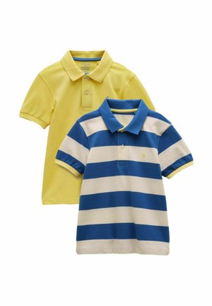 Due polo a maniche corte per ragazzi, una gialla tinta unita e una a righe blu e bianche, entrambe con colletto e patta con bottoni.