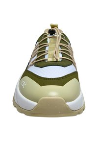 Green and beige sneaker with a mesh upper, textured accents, elastic laces, and a thick rubber sole. Features a branded logo on the side.