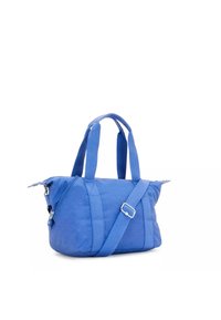 Blue fabric bag with dual top handles and a detachable shoulder strap. Features a zip closure and side pockets. Smooth texture and rounded shape.