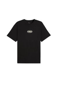 Camiseta negra de manga corta hecha de algodón con cuello redondo y un logotipo ovalado prominente en beige y blanco en el centro del frente.