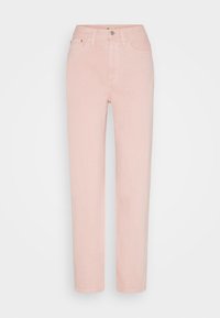 Jeans de ganga rosa claro com um design de perna reta, cinco bolsos e fecho de botão. Textura suave com um acabamento liso.