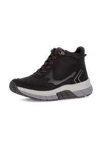 Zwarte hoge sneakers van gestructureerd suede met gladde accenten. Gevoerde grijze buitenzool met een patroon, vetersluiting aan de voorkant en details van metalen oogjes.