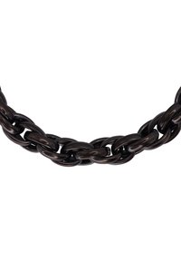 Black metal chain necklace featuring interlocking links with a smooth, shiny surface and rounded edges, displaying a uniform design.