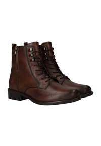 Stivali ankle in pelle marrone con lacci frontali, zip laterale e finitura texture. Presentano un tacco basso e dettagli cuciti.