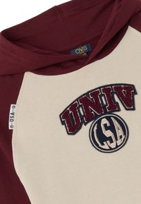 Felpa con cappuccio raglan per bambini con maniche e cappuccio color maroon, corpo beige, ricamo "UNIV" e patch rotondo "USA" sul petto.