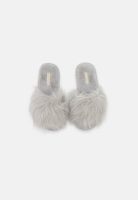 Gray faux fur slide slippers with soft texture, open toe design, and flat sole. Features a subtle logo on the cushioned footbed.