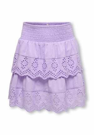 Lilac tiered skirt with smocked waistband and embroidered eyelet floral lace trim on each layer.