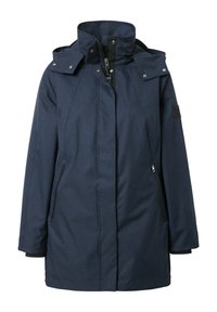 Giacca invernale lunga blu navy con collo alto, cappuccio staccabile, cerniera frontale, bottoni a pressione e tasche laterali con cerniera.