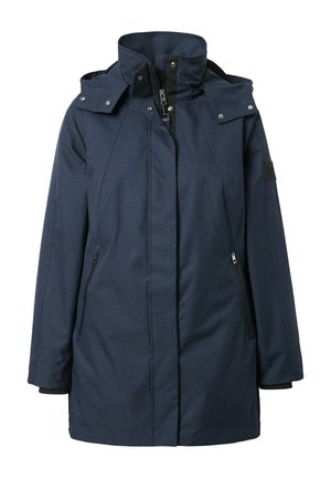 Marineblaue lange Winterjacke mit hohem Kragen, abnehmbarer Kapuze, Frontreißverschluss, Druckknöpfen und seitlichen Reißverschlusstaschen.