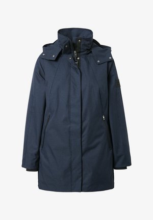 Długa zimowa kurtka w kolorze granatowym, z wysokim kołnierzem, odpinanym kapturem, przednim zamkiem błyskawicznym, zatrzaskami i zamykanymi na zamek bocznymi kieszeniami.