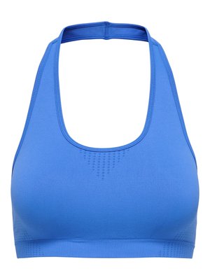 Brassière de sport bleue sans couture avec un design dos nageur et une bande élastique sous la poitrine, avec des motifs de ventilation subtils à l'avant et sur les côtés.