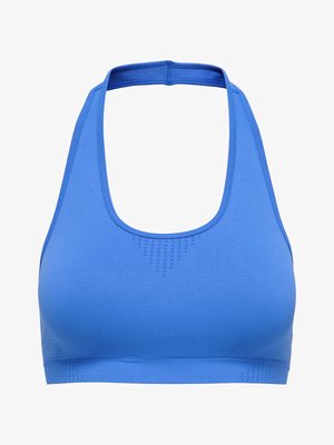 Reggiseno sportivo blu senza cuciture con design racerback e fascia elastica sotto, con motivi sottili di ventilazione sulla parte anteriore e sui lati.