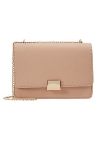 Borsa a tracolla rettangolare in pelle nuda rosa con tracolla in catena dorata e chiusura quadrata dorata sulla patta frontale.