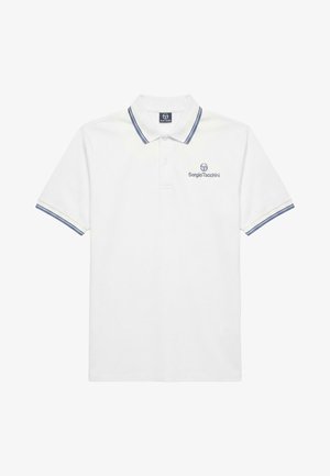 Wit poloshirt met korte mouwen en een kraag en manchetten met blauwe strepen, met het Sergio Tacchini-logo op de linkerborst.