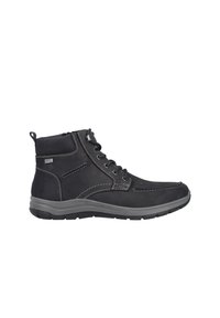 Stivaletti neri in pelle con cuciture a contrasto, design con lacci e suola in gomma con grip texturizzato per stabilità.