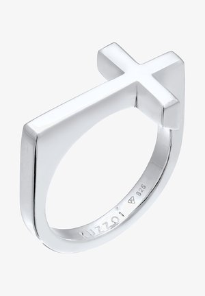 Anello in argento con un design minimalista a forma di croce e una finitura liscia e lucida. Inciso con "925" che indica la qualità dell'argento sterling.