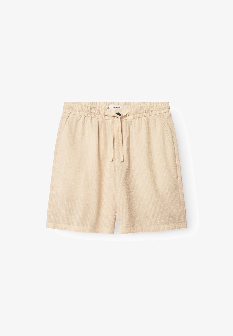 Beige shorts lavet af tekstureret stof, med elastisk taljebånd med snøre, sidelommer og en afslappet pasform.