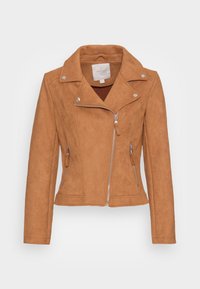 Veste biker en faux suède beige avec fermeture éclair sur le devant, col pointu et deux poches zippées sur les côtés. Caractérisée par un matériel en argent et une surface texturée.