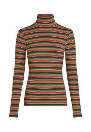 Rippstrick-Turtleneck in vielen Farben mit Streifen in Rot, Gelb, Blau und Grün. Enganliegend mit langen Ärmeln und hohem Kragen.