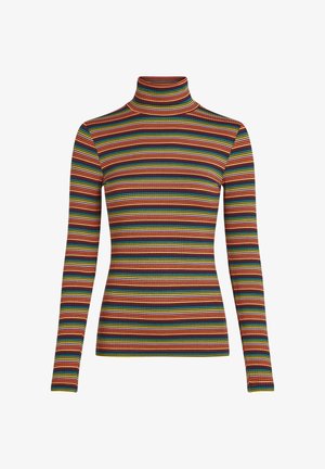 Rippstrick-Turtleneck in vielen Farben mit Streifen in Rot, Gelb, Blau und Grün. Enganliegend mit langen Ärmeln und hohem Kragen.