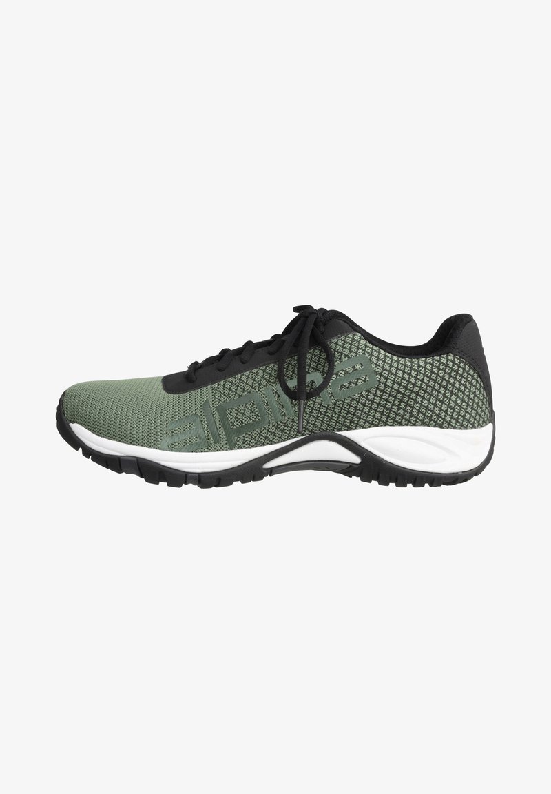 Green mesh athletic shoe with a textured upper, black accents, and a white midsole. Features black laces and a patterned design.