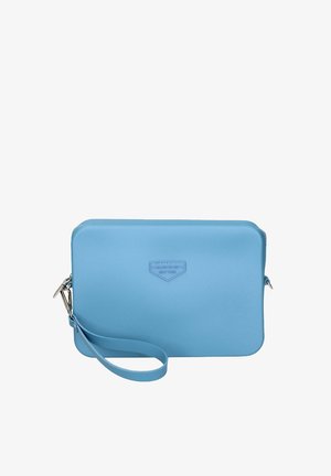 A light blue, rectangular handbag with a wrist strap and textured surface, featuring a small logo plate on the front.
