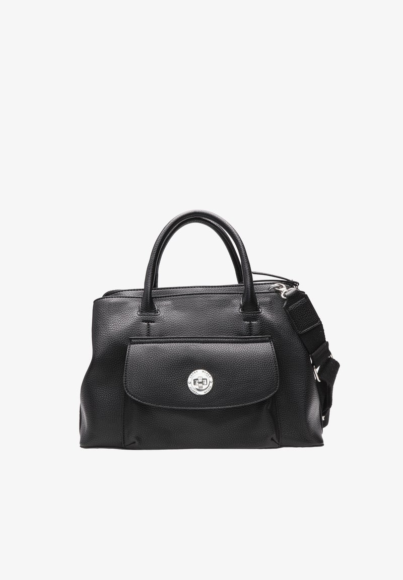 Sac à main en cuir noir texturé avec deux poignées, poche avant à rabat avec fermoir rond en argent, et bandoulière amovible.