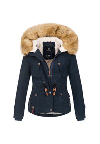 Donkerblauwe winterjas met faux fur-voering in de capuchon, rits- en knoopsluiting, taille met trekkoord en meerdere voorzakken.