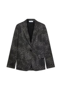 Blazer con estampado de leopardo en negro y gris, con un solo botón negro, solapas con muesca y dos bolsillos delanteros; la tela tiene una textura suave.