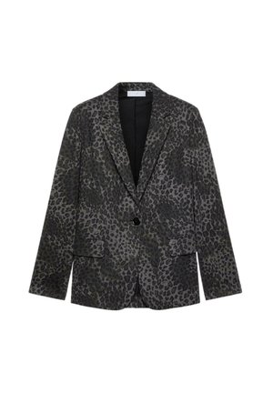 Blazer con estampado de leopardo en negro y gris, con un solo botón negro, solapas con muesca y dos bolsillos delanteros; la tela tiene una textura suave.