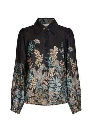 Črna bluzica z dolgimi rokavi, cvetlična vezenina v pastelnih barvah, spredaj na gumbe in naborki na manšetah. Narejena je iz lahkotnega materiala.