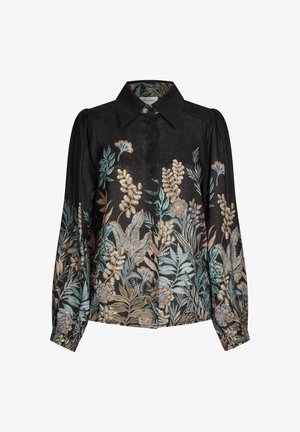 Črna bluzica z dolgimi rokavi, cvetlična vezenina v pastelnih barvah, spredaj na gumbe in naborki na manšetah. Narejena je iz lahkotnega materiala.