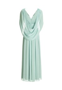 Robe sans manches en chiffon bleu clair avec décolleté en V profond, taille plissée et tissu transparent drapé sur les épaules et le dos.