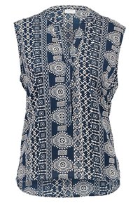Blouse sans manches bleu marine avec un motif géométrique blanc, une patte de boutonnage et une coupe décontractée. Confectionnée dans un tissu léger à la texture douce.