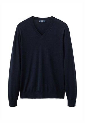 Marineblauwe V-hals trui met lange mouwen, geribbelde boorden aan de manchetten en zoom, afgebeeld op een witte achtergrond.