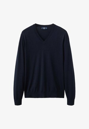 Marineblauwe V-hals trui met lange mouwen, geribbelde boorden aan de manchetten en zoom, afgebeeld op een witte achtergrond.