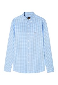 Camisa de botón de manga larga en cuadros vichy azules y blancos con collar, que presenta un pequeño logo en el pecho. Material de algodón.