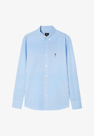 Blauw-witte gingham ruit langemouwen overhemd met een kraag, met een klein logo op de borst. Katoenen materiaal.