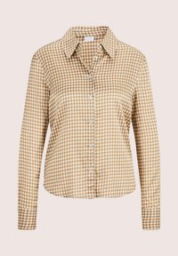 Beige und weiße Hahnentritt-Muster Langarmhemd mit Kragen und aufgekrempelten Ärmeln.