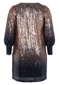 Mini-robe à manches longues avec sequins ombrés du rose doré au noir et manches bouffantes, vue de dos.
