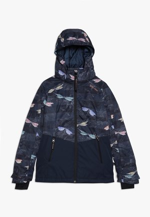 Damska kurtka z kapturem na pełny zamek, ciemnoniebieska dolna część, górna część z motylim nadrukiem oraz zapinane na zamek kieszenie boczne.