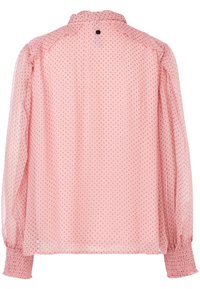 Rosa Bluse mit Punkten, rüschendem Ausschnitt, langen Ärmeln und elastischen Bündchen. Durchscheinender Stoff mit kleinen, gleichmäßig verteilten Punkten.
