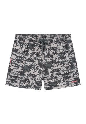 Shorts de bain pour hommes avec un motif camouflage numérique en noir, gris et blanc, et une taille à cordon.
