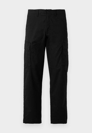 Pantalons cargo noirs en tissu résistant, dotés de poches latérales, d'une coupe droite et d'une fermeture à bouton au niveau de la taille.