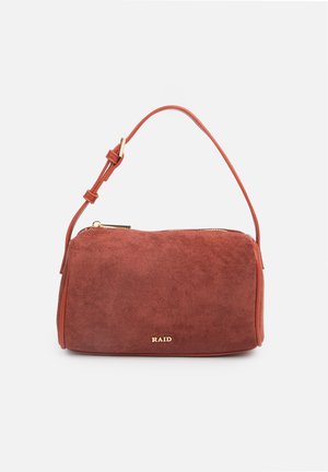Brown suede rectangular handbag with adjustable strap and gold zipper, branded "RAID" in small gold letters on front.
